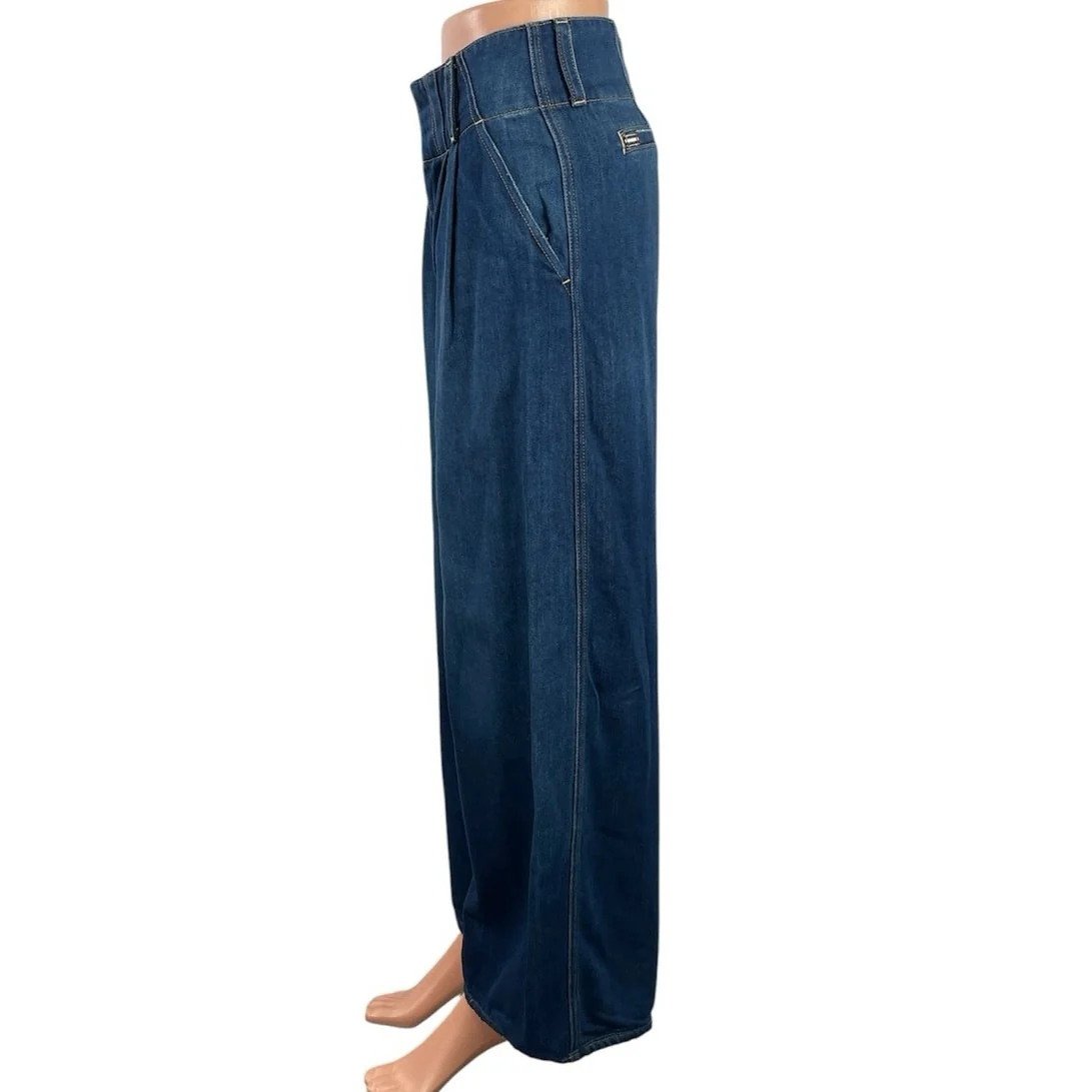 Alice + Olivia Blue Pleated Palazzo Baggy Wide Leg High Rise Denim Jeans Sz 24 - Image 2