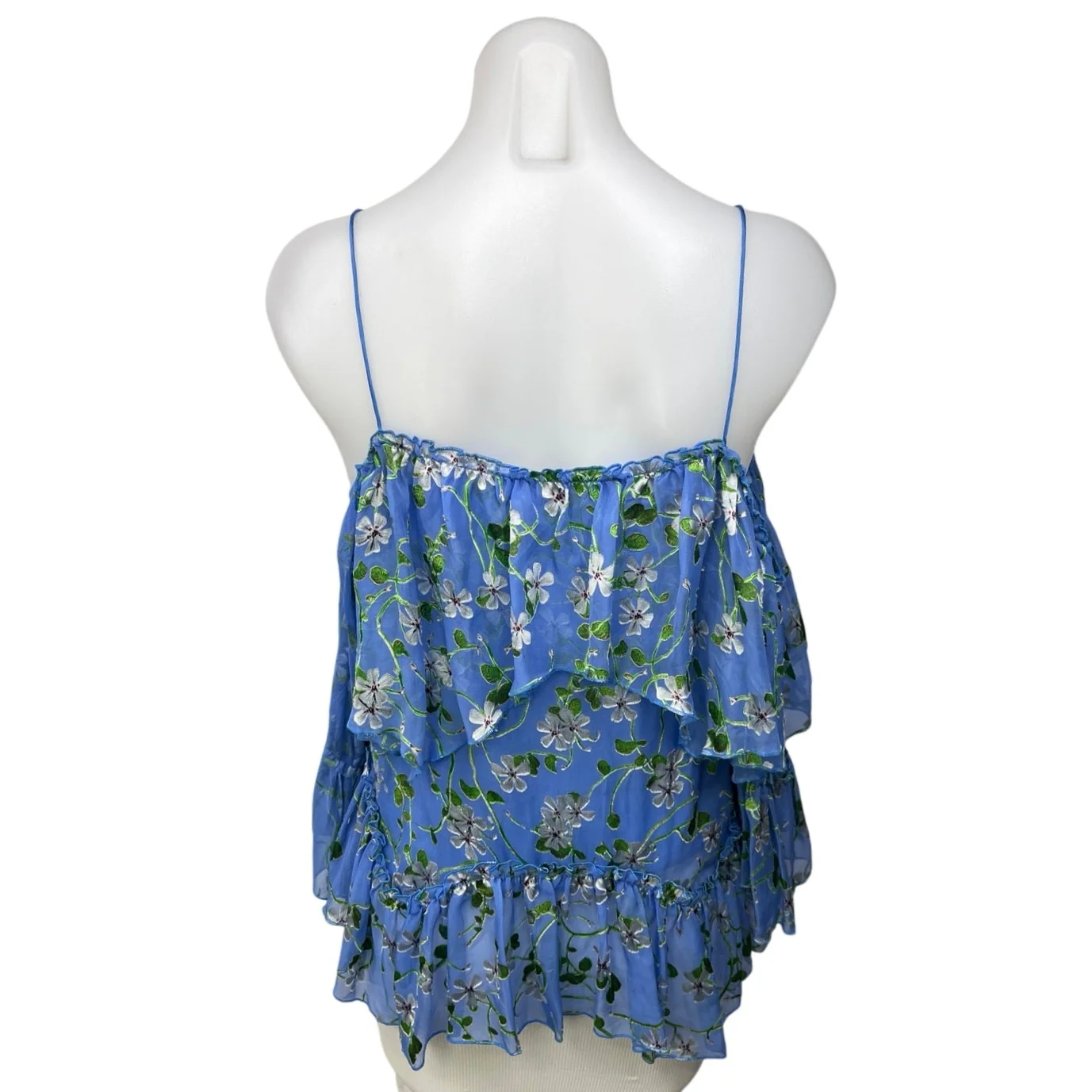 Alice + Olivia Tia Blue 100% Silk Floral Ruffle Cold Shoulder Blouse Top Size XS - Image 2
