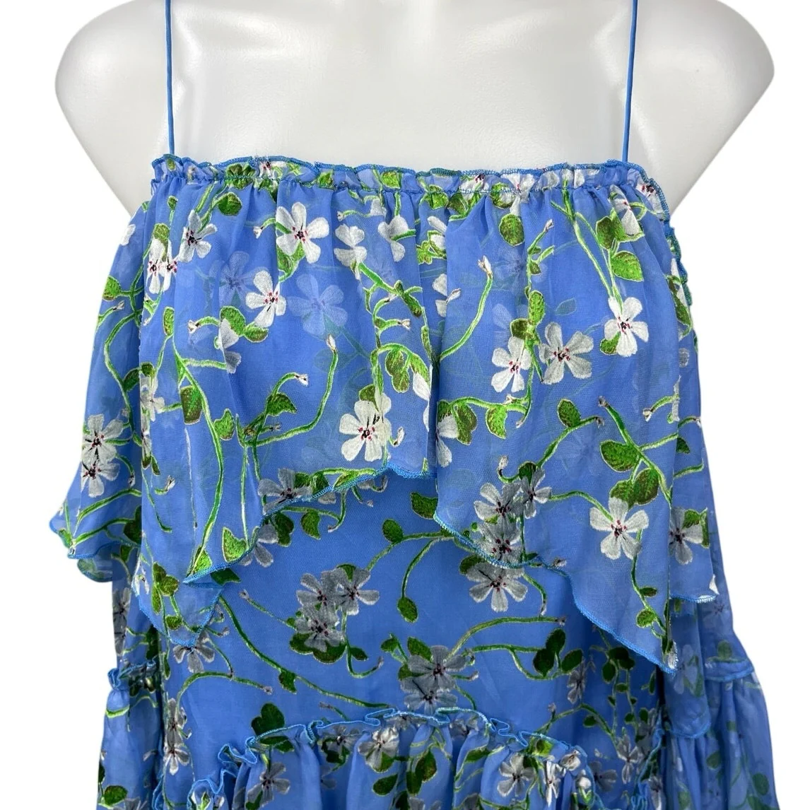 Alice + Olivia Tia Blue 100% Silk Floral Ruffle Cold Shoulder Blouse Top Size XS - Image 3