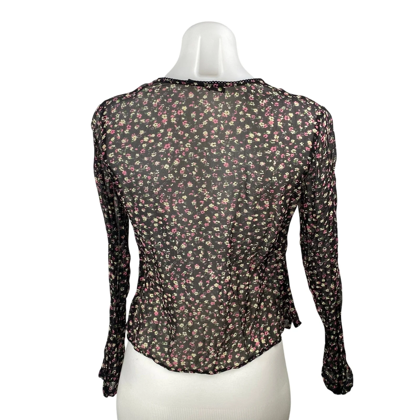 Allsaints Women's Black Floral Mesh Sheer Long Sleeve Tie Blouse Top Size M - Image 4