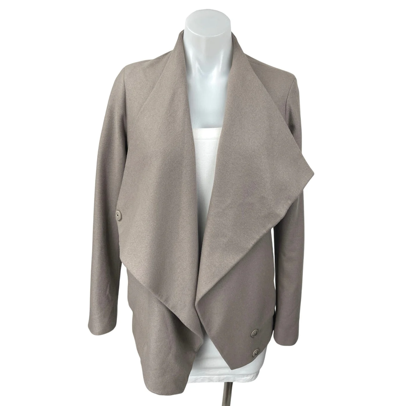 Allsaints Women's Tan Wool Draped Long Sleeve Snap Button Basic Coat Jacket Sz 2 - Image 3