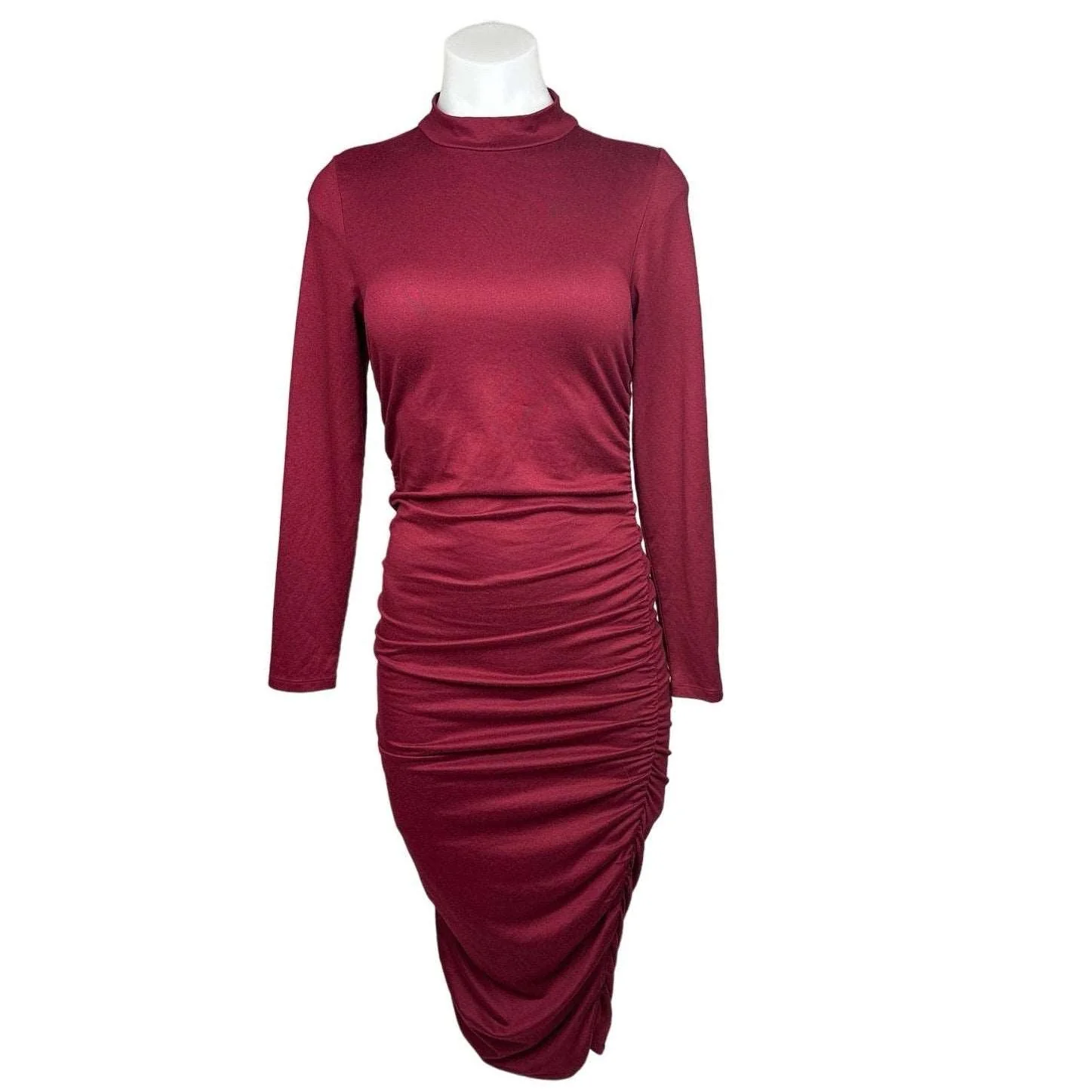 Almost Famous Red Bodycon Fitted Mock Neck Ruched Long Sleeve Jersey Dress Sz M