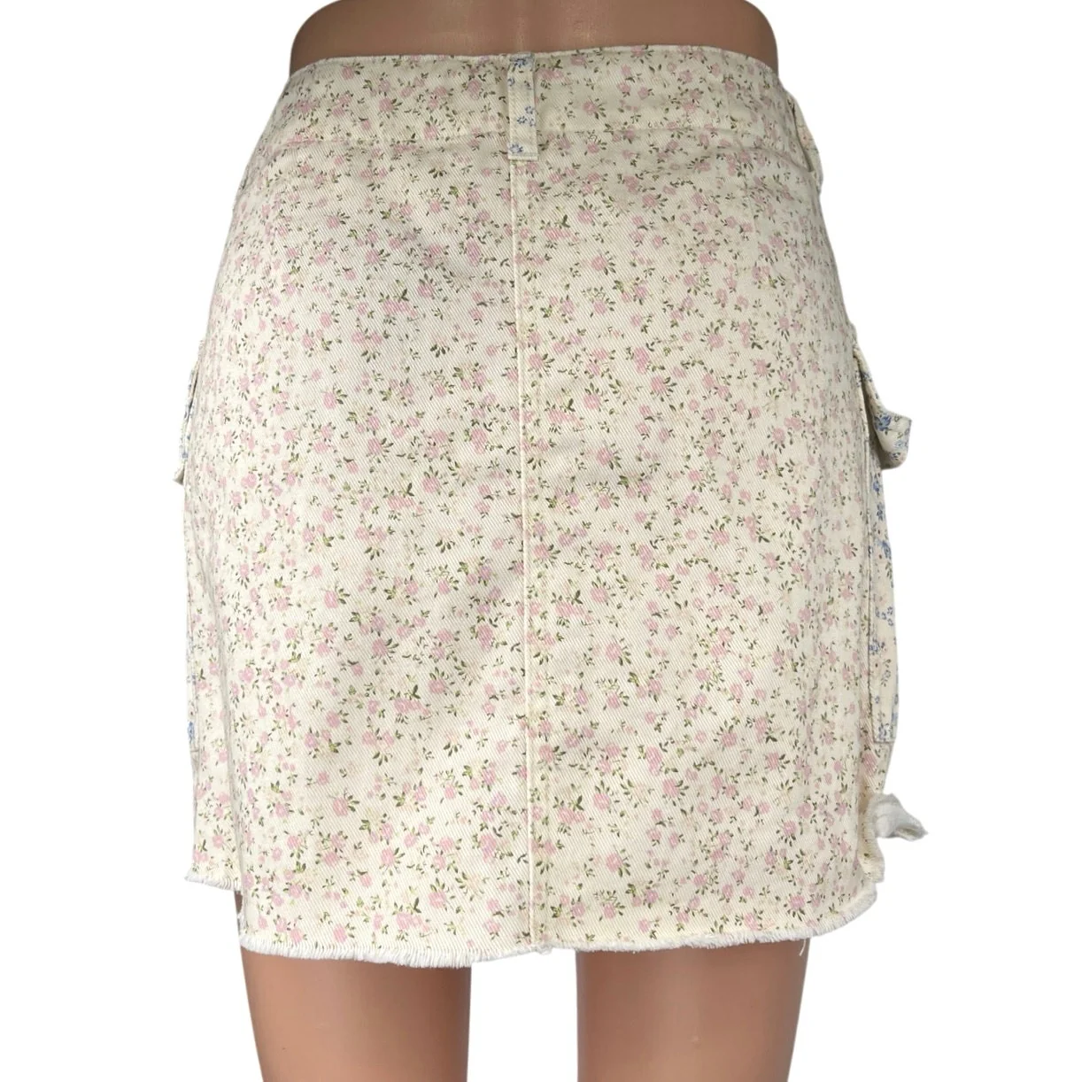 Altar'd State White Pink Floral Print Raw Hem Straight Pencil Mini Cargo Skirt M - Image 3
