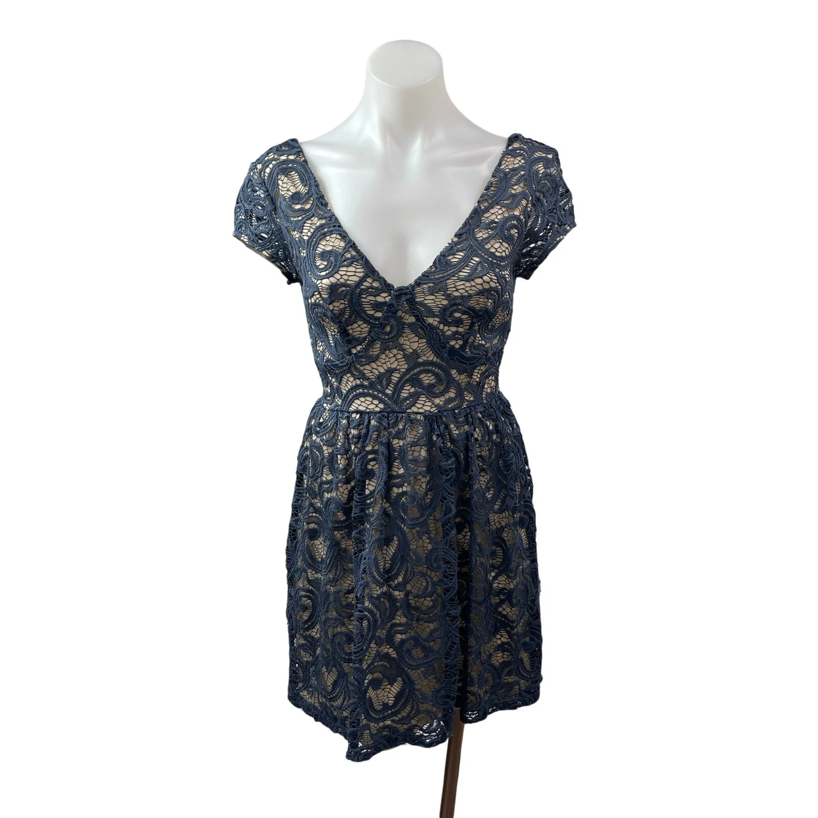 Alya Women's Paisley Lace Overlay V Neck Cap Sleeve Mini Flare A-Line Dress XS