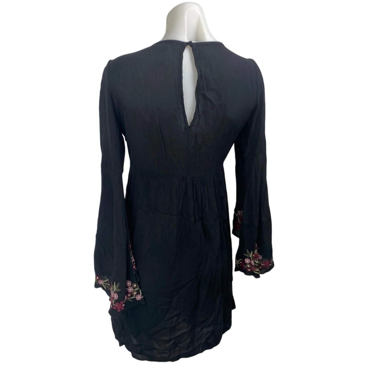 American Eagle Black Floral Embroidered Long Sleeve Cut Out A Line Mini Dress XS - Image 2
