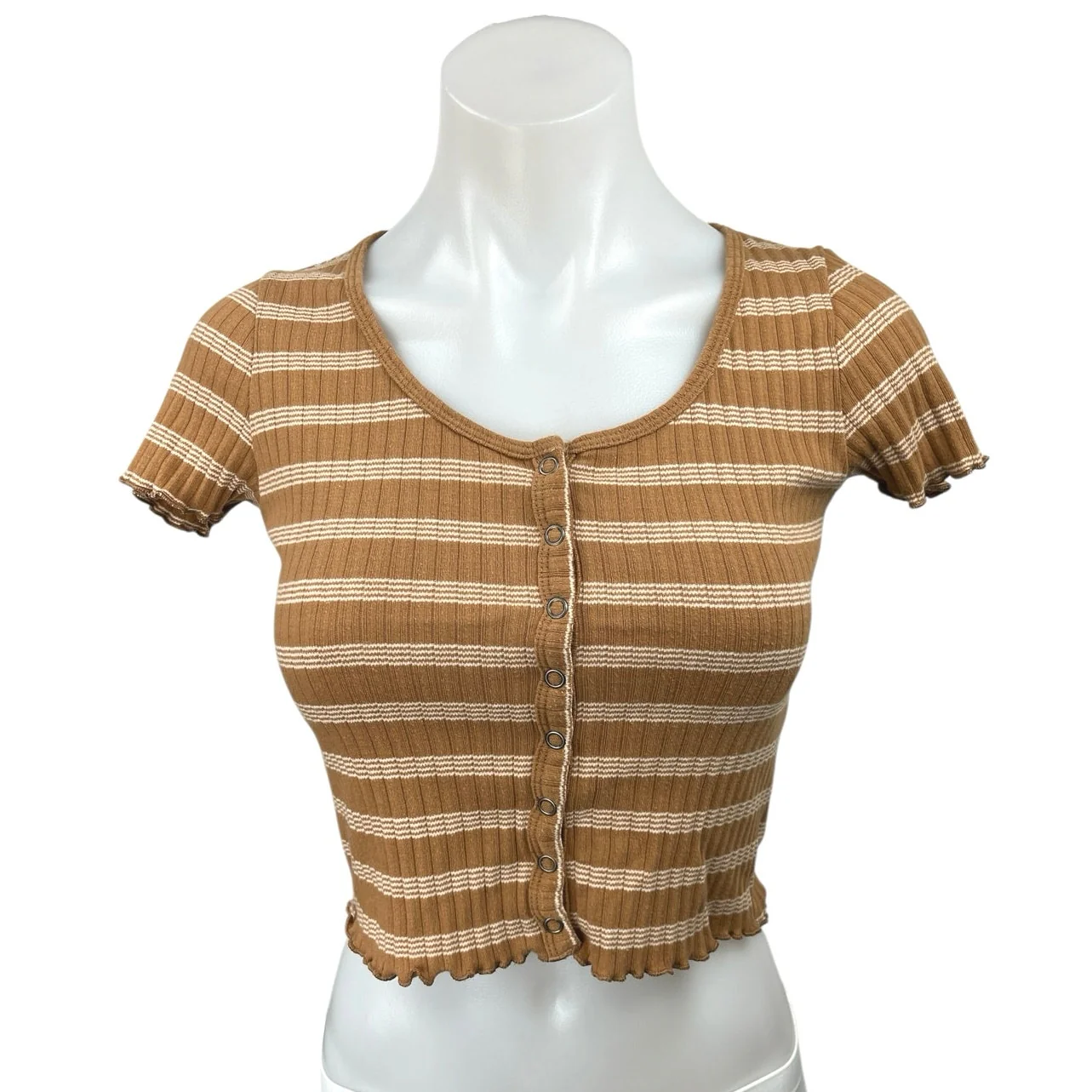 American Eagle Brown White Striped Rib Knit Short Sleeve Button Crop Top Size XS