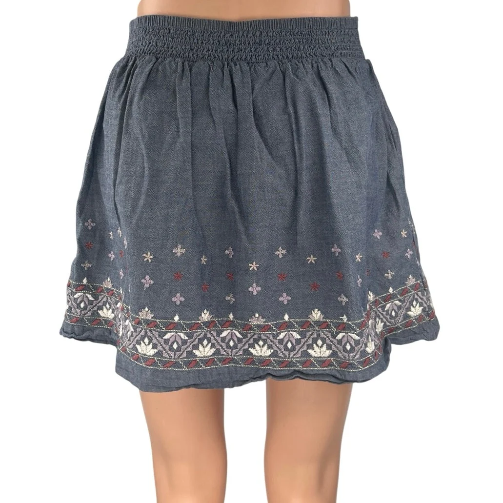 American Eagle Outfitters Blue Chambray Floral Embroidered Mini A Line Skirt S - Image 3