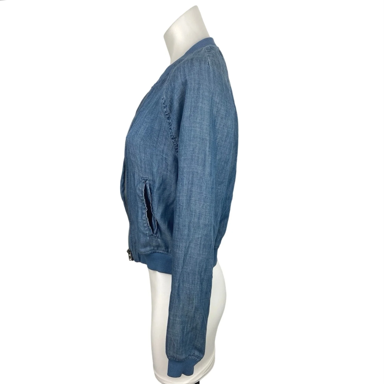 American Eagle Outfitters Blue Full Zip Pockets Chambray Bomber Jacket Size XS - Image 2