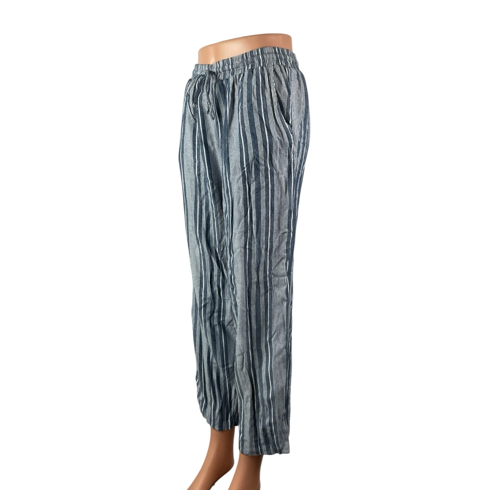 American Eagle Women's Blue Striped High Rise Tie Wide Leg Trousers Pants Size M - Image 3