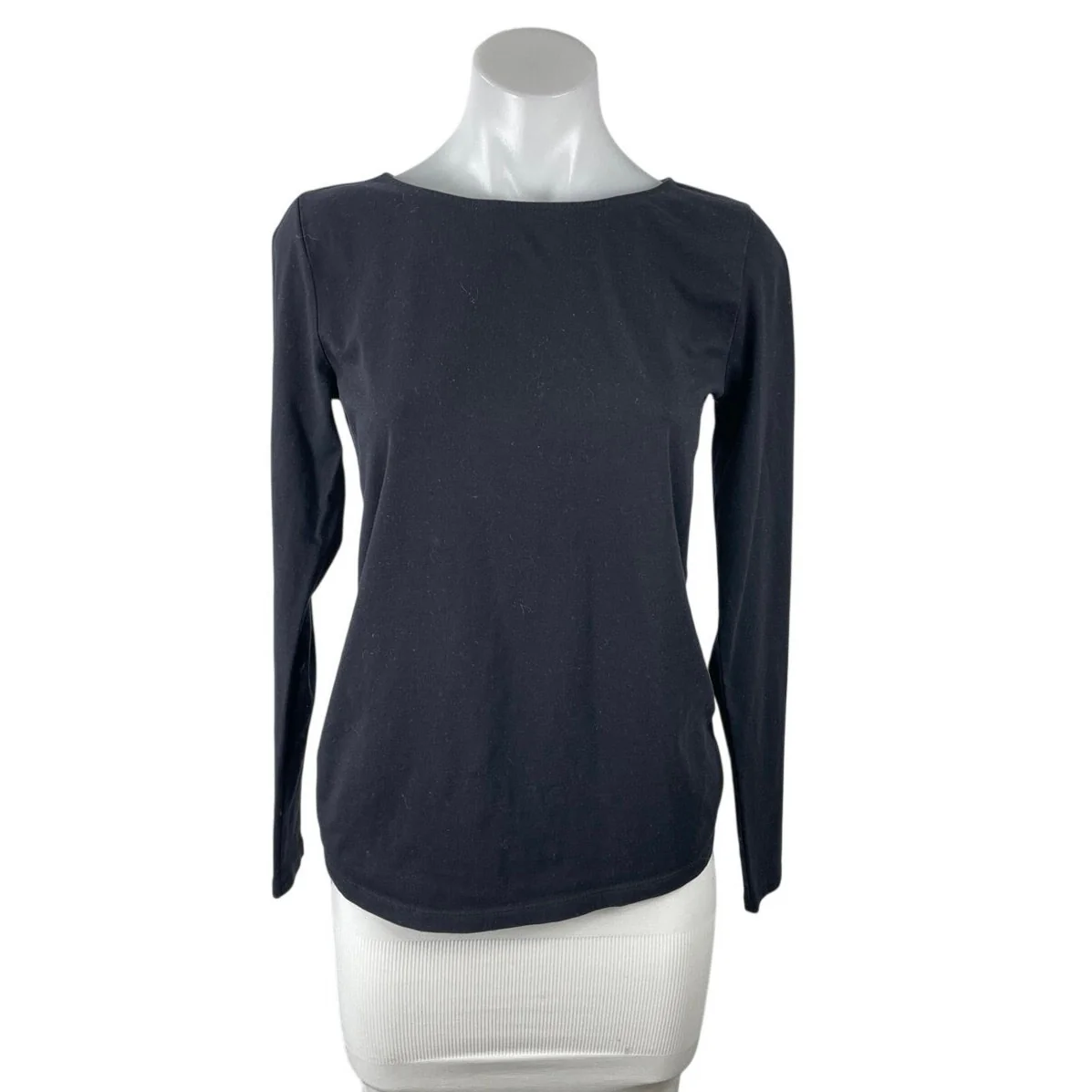 Ann Taylor Black Knit Boat Neck Long Sleeve Curved Hem Basic Tee T-Shirt Top XS