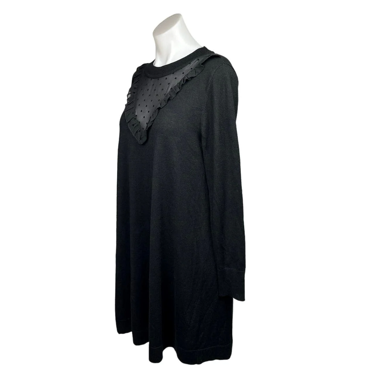 Ann Taylor LOFT Black Polka Dot Mesh Ruffles Long Sleeve Midi Sweater Dress Sz M - Image 2