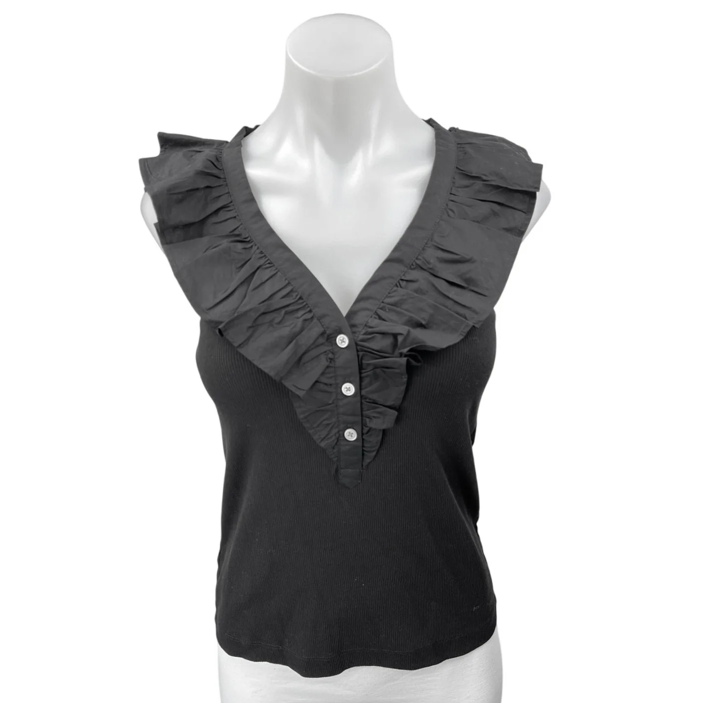 Ann Taylor LOFT Black Sleeveless Rib Knit Ruffle V-Neck Tank Top Blouse Size XS