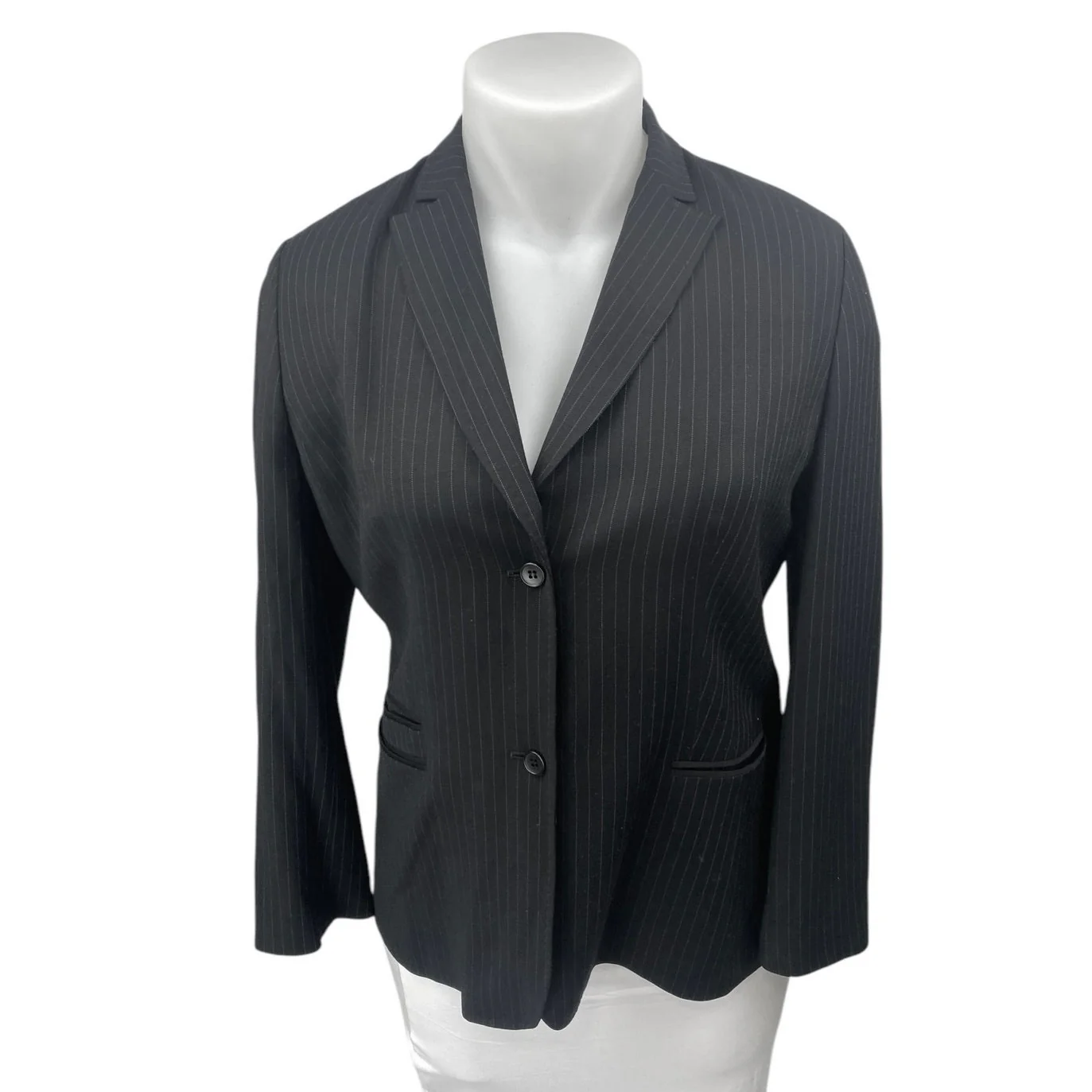 Ann Taylor LOFT Black Wool Pinstriped Collar Long Sleeve Blazer Coat Jacket 14