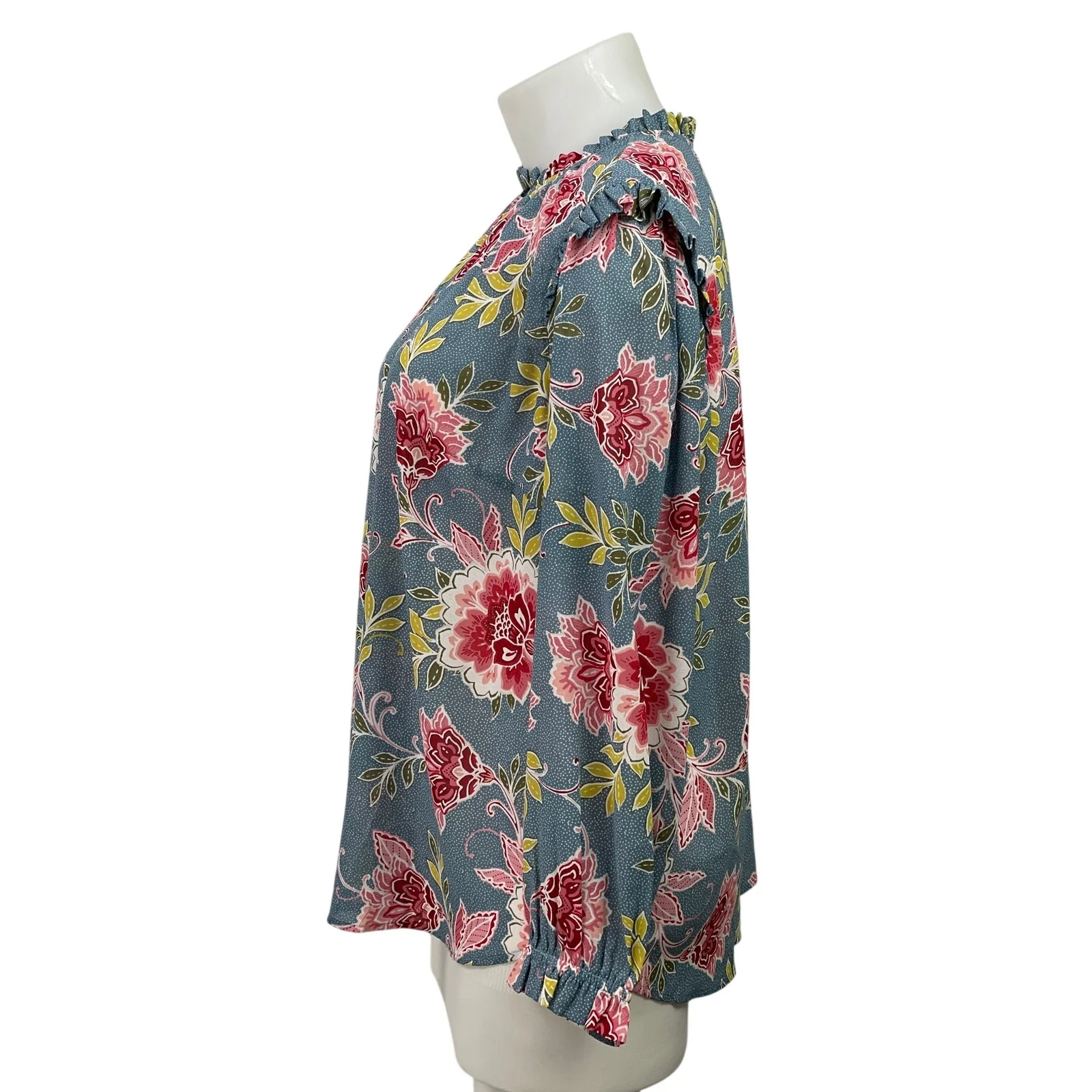 Ann Taylor LOFT Blue Dots Floral Long Sleeve Ruffle Keyhole Blouse Top Size 16 - Image 2