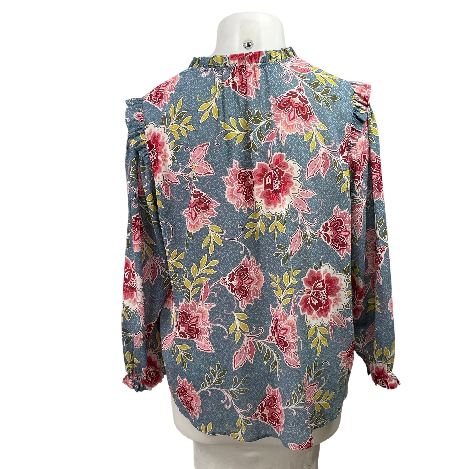 Ann Taylor LOFT Blue Dots Floral Long Sleeve Ruffle Keyhole Blouse Top Size 16 - Image 3