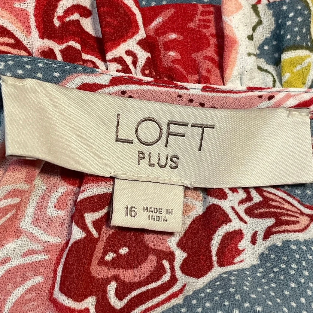 Ann Taylor LOFT Blue Dots Floral Long Sleeve Ruffle Keyhole Blouse Top Size 16 - Image 4