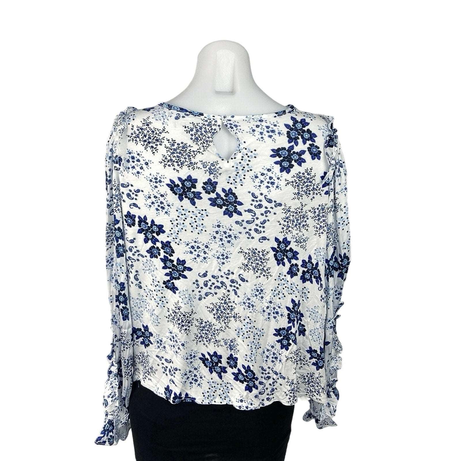 Ann Taylor LOFT Blue Floral Ruffle Puff Sleeve Round Neck Blouse Top Size M - Image 3
