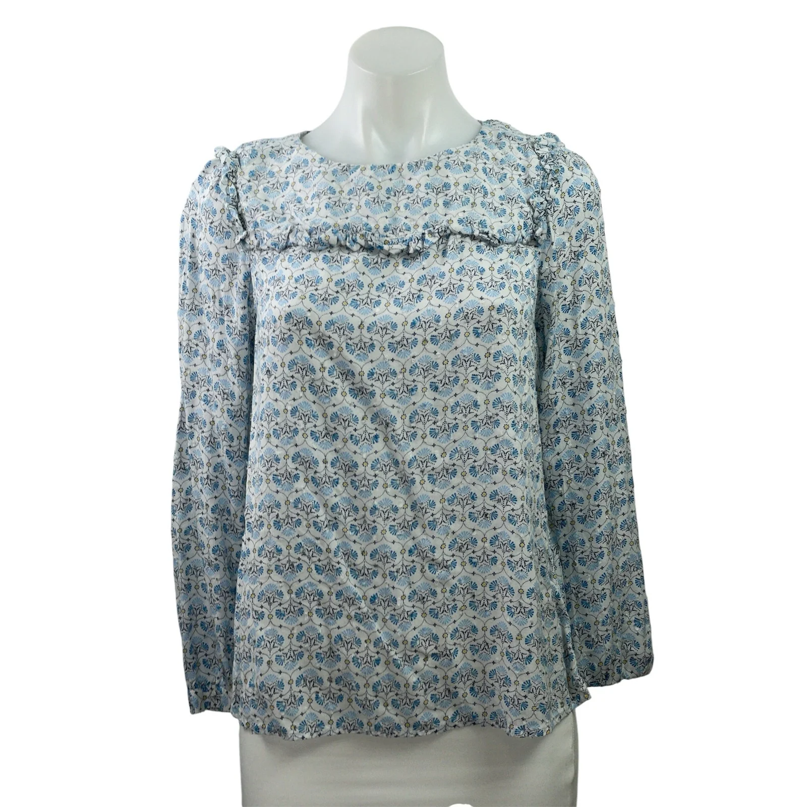 Ann Taylor LOFT Blue Mosaic Floral Long Sleeve Ruffle Crewneck Blouse Top MP