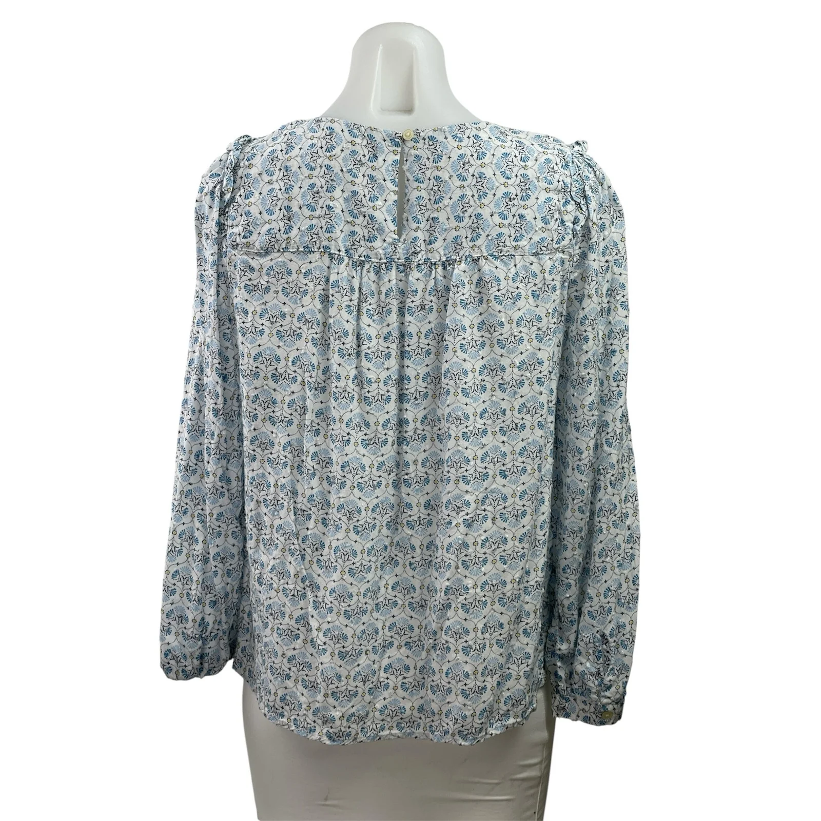Ann Taylor LOFT Blue Mosaic Floral Long Sleeve Ruffle Crewneck Blouse Top MP - Image 3
