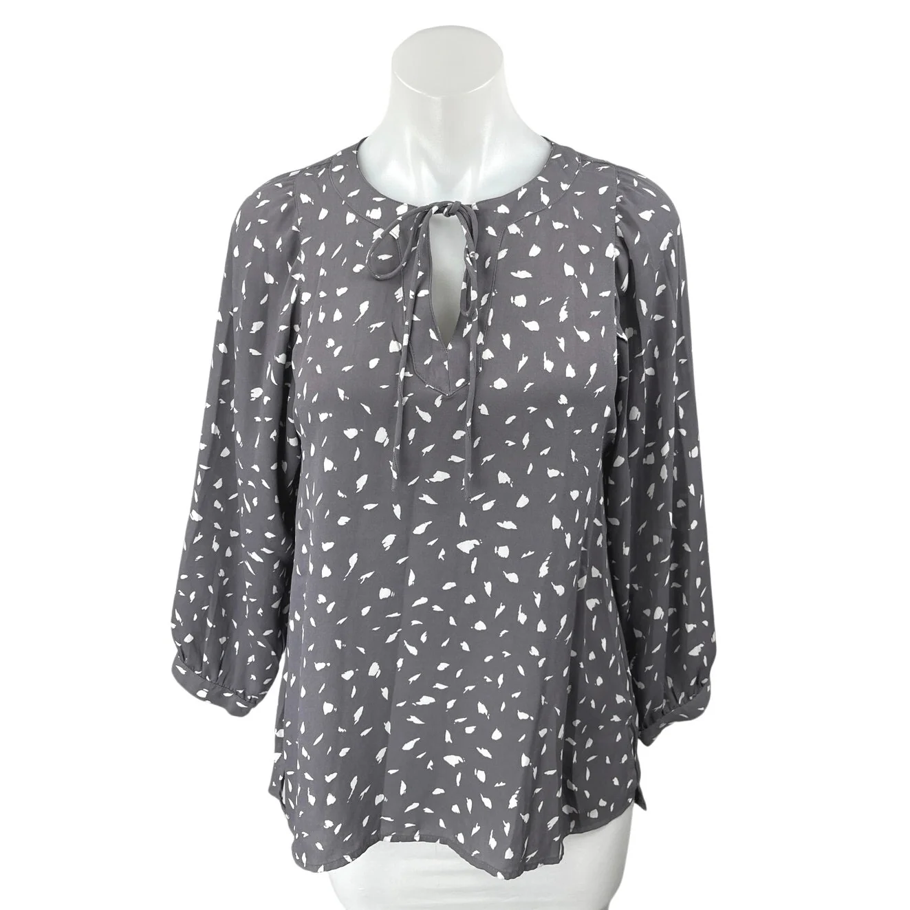 Ann Taylor Loft Gray Printed Long Sleeve Keyhole Tie Neck Blouse Top Size XS