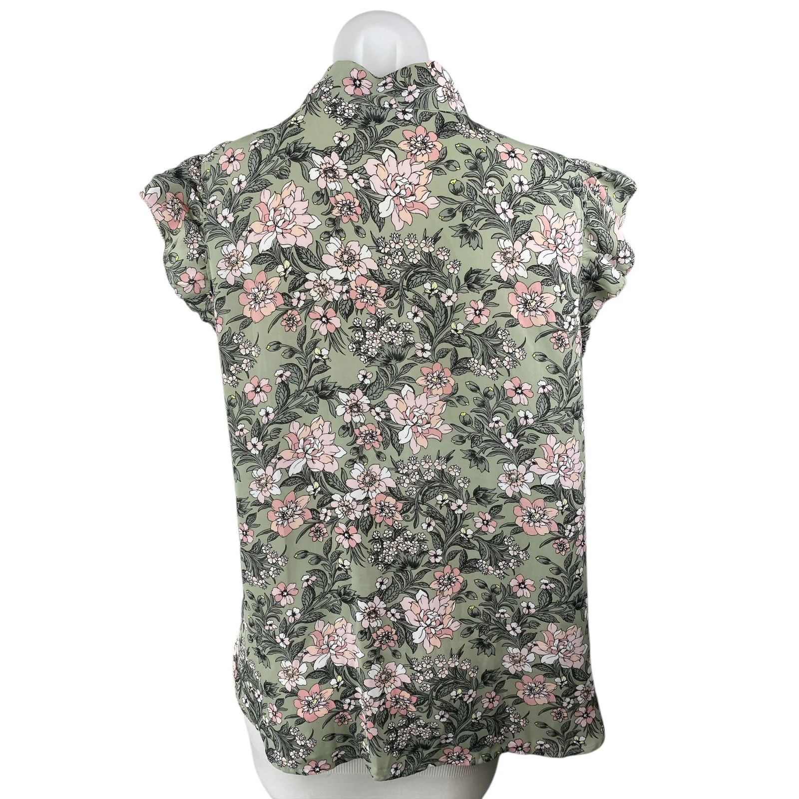 Ann Taylor LOFT Green Floral Ruffle Sleeve Tie Neck Bow Shirt Blouse Top Size M - Image 2