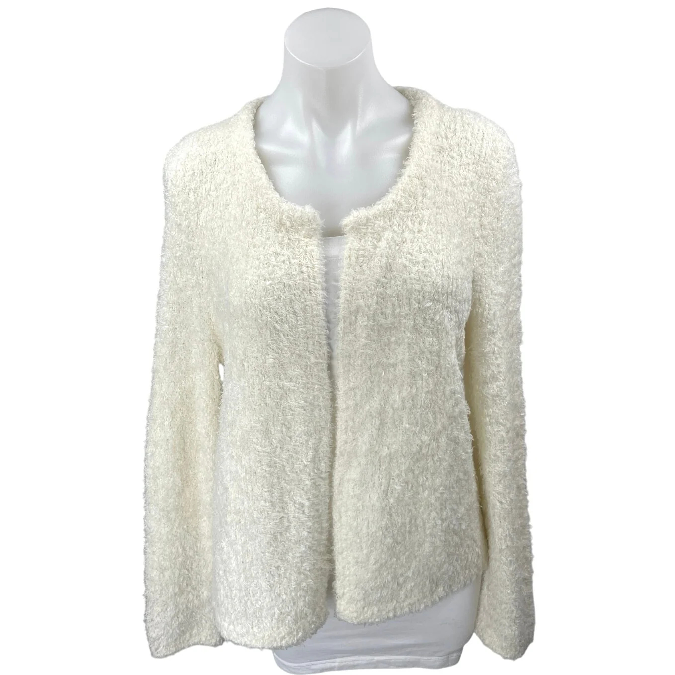 Ann Taylor Loft White Wool Fuzzy Long Sleeve Open Front Cardigan Sweater Size L
