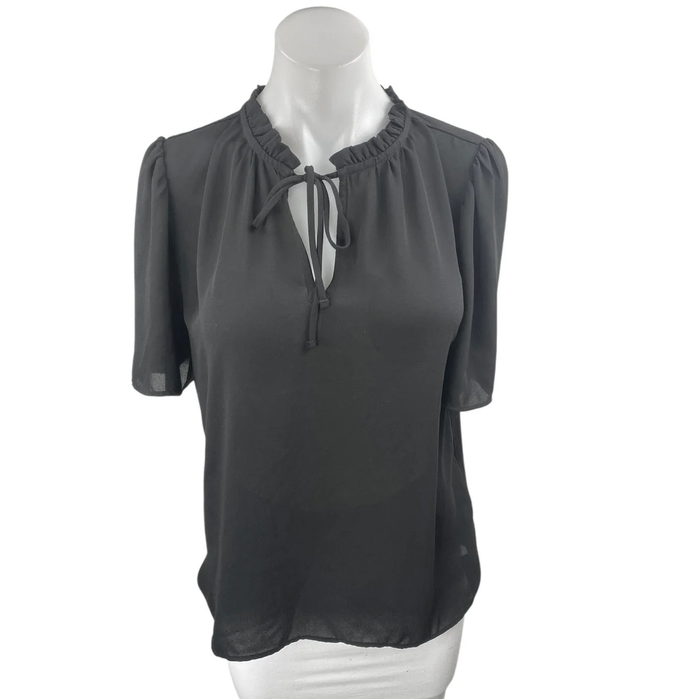Ann Taylor LOFT Women's Black Ruffle Tie Neck Short Puff Sleeve Blouse Top Sz S