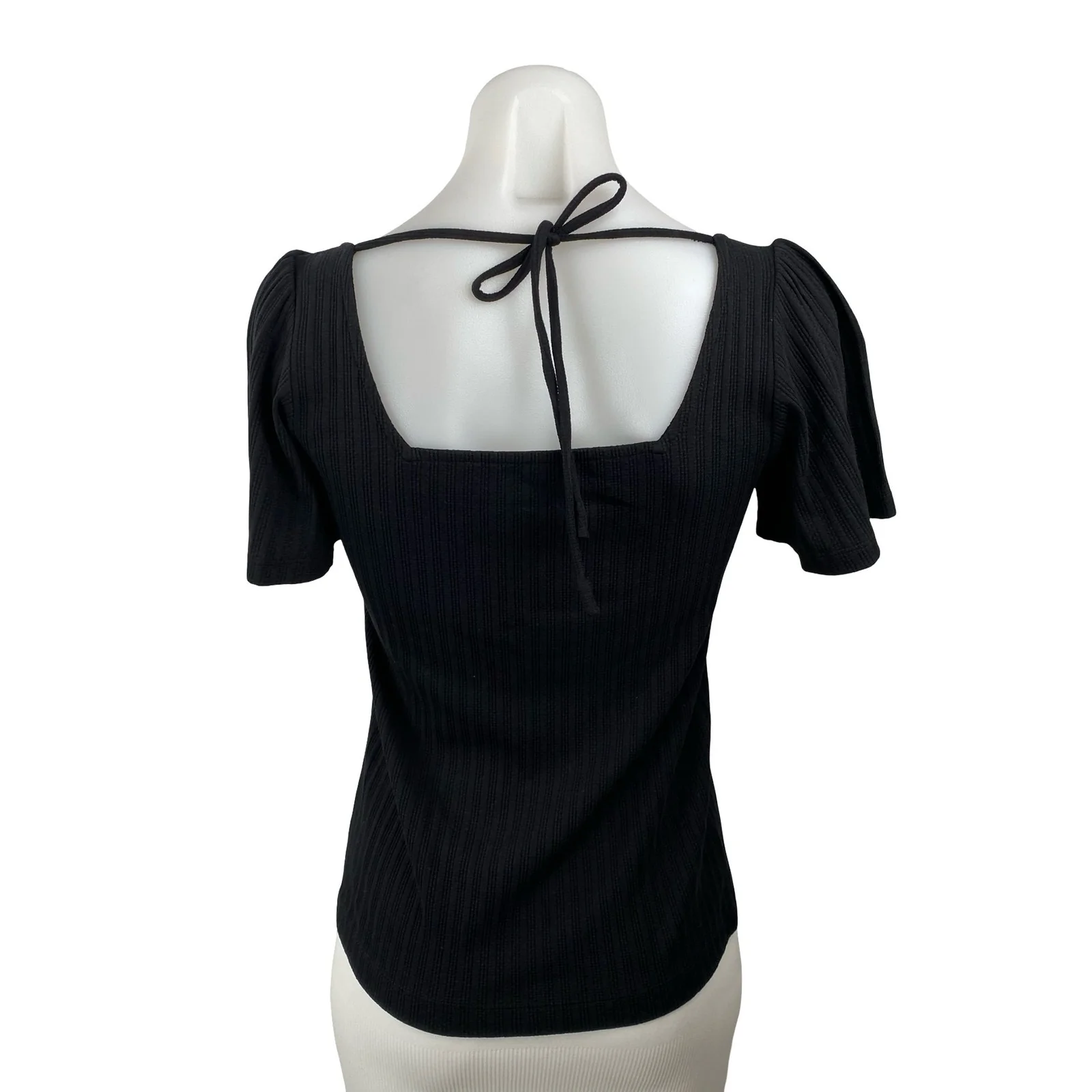 Ann Taylor LOFT Womens Black Short Sleeve Tie Square Neck Knit Blouse Top Size S - Image 4