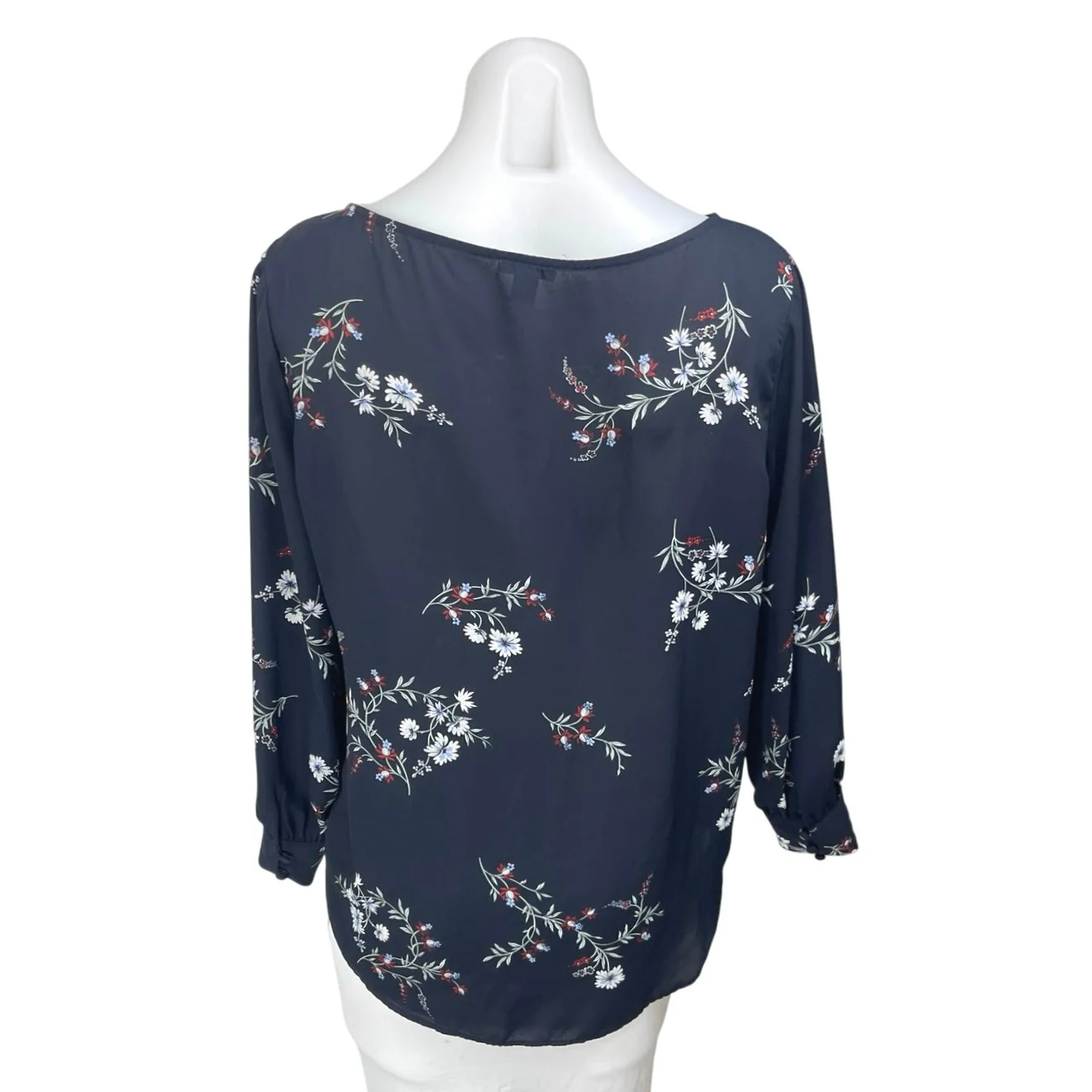 Ann Taylor Navy Blue Floral Long Sleeve Boat Neck Relaxed Loose Blouse Top Sz S - Image 2