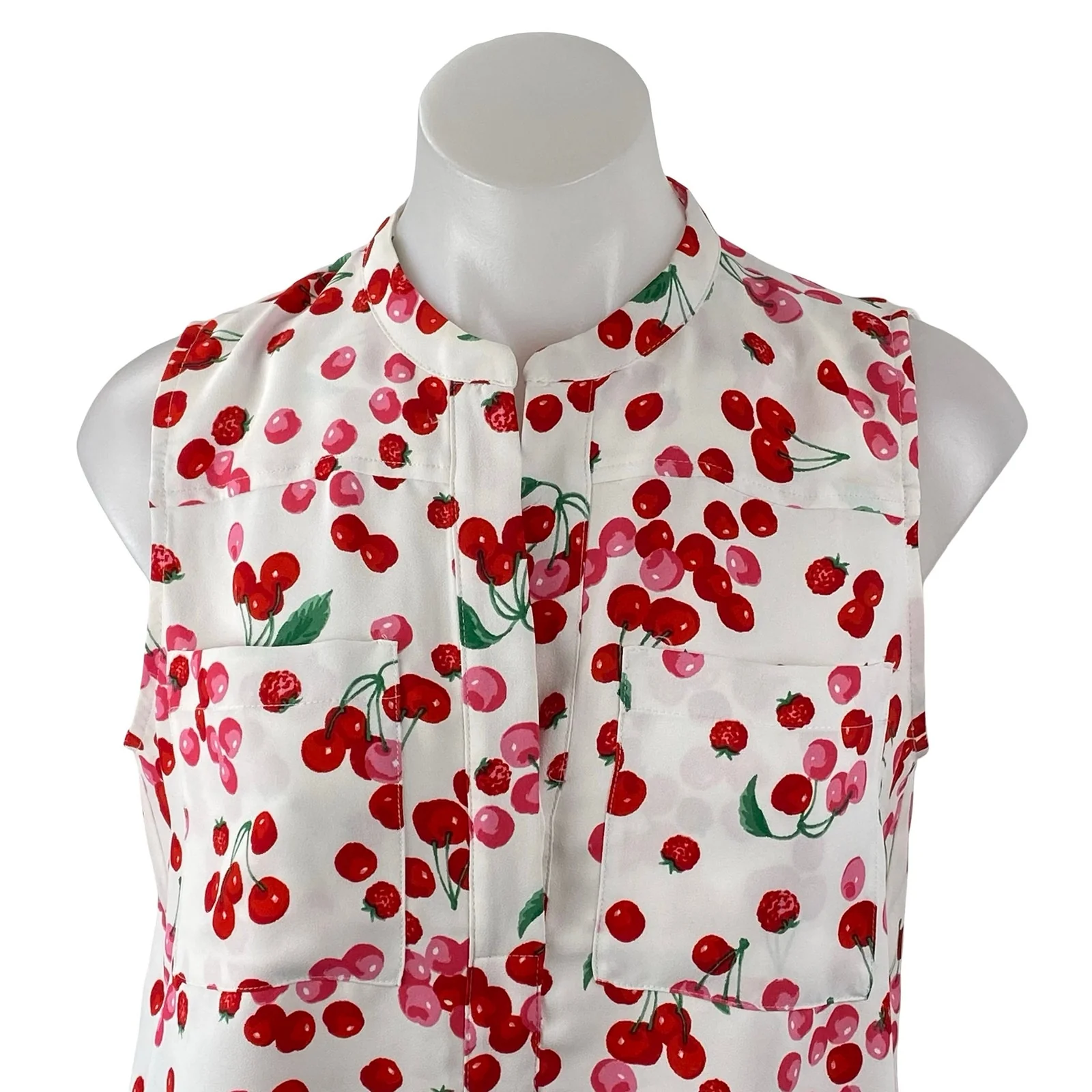 Ann Taylor Petite Raspberry Cherries Fruit Sleeveless Button Down Blouse Top S - Image 3