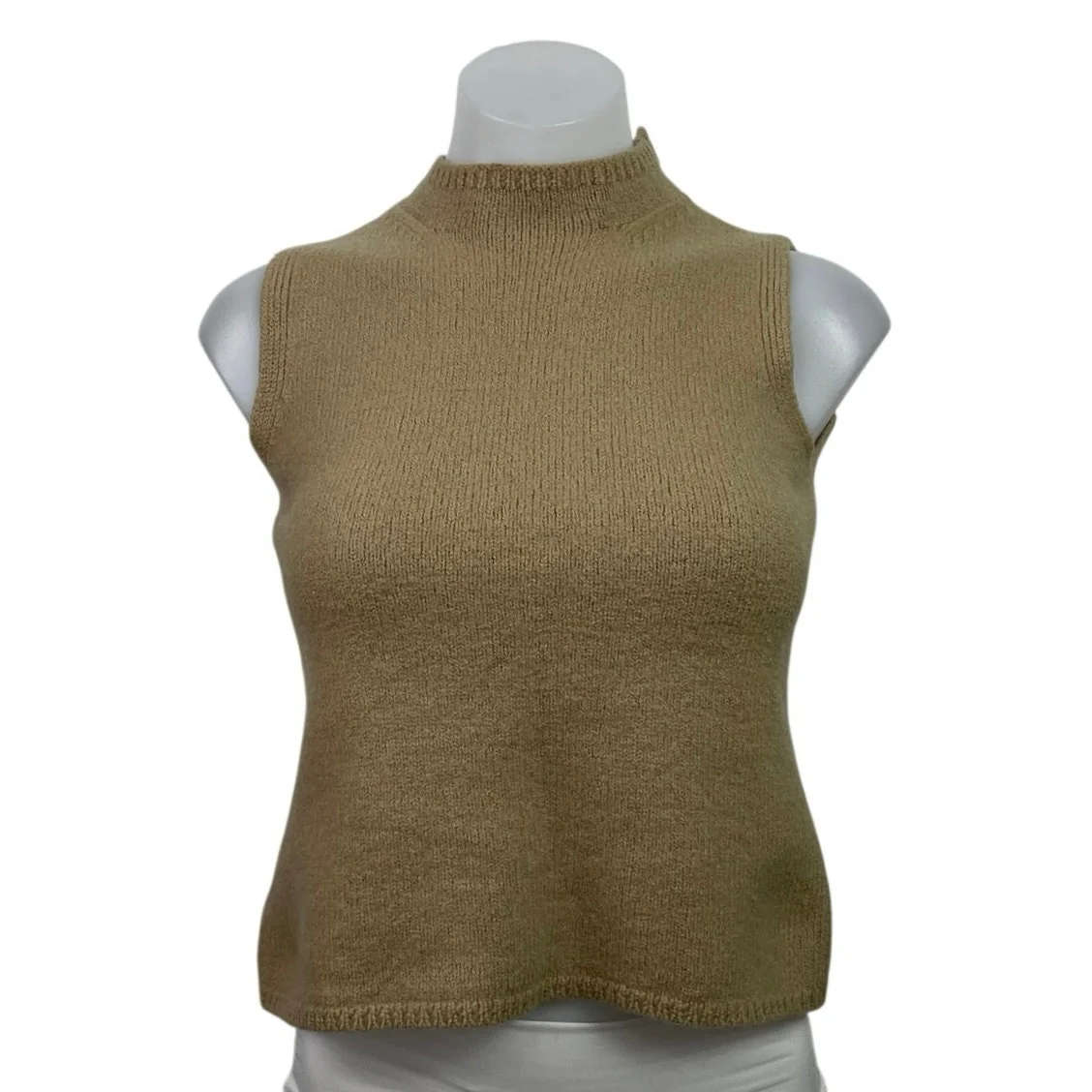 Ann Taylor Tan Beige 100% Wool Sleeveless Mock Neck Crop Tank Sweater Top Size M
