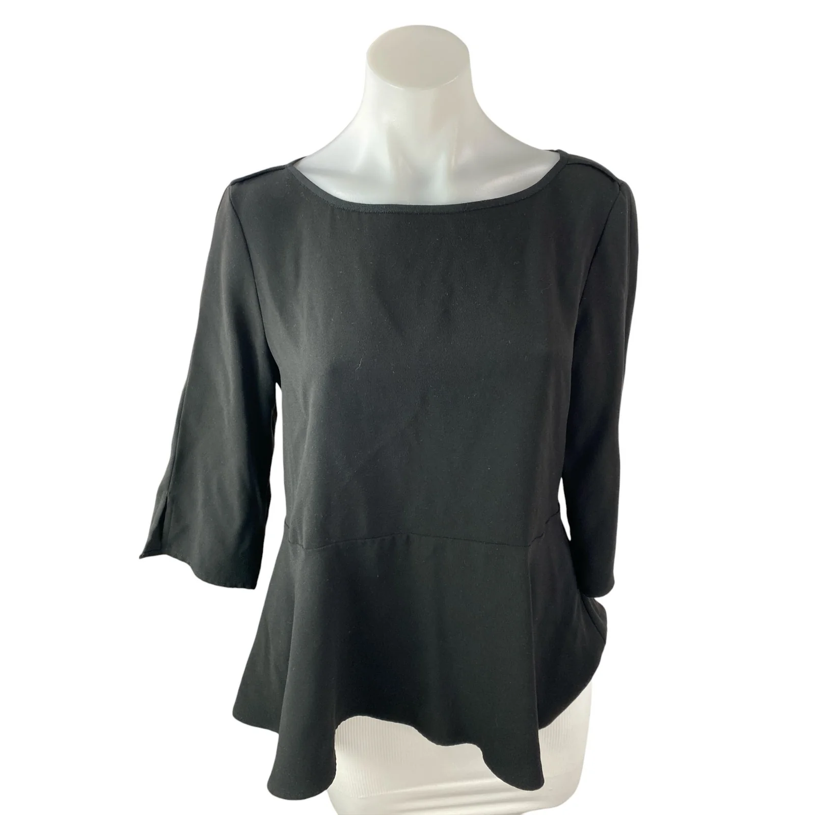 Ann Taylor Women's Black Boat Neck 3/4 Sleeve Loose Fit Peplum Blouse Top Size S