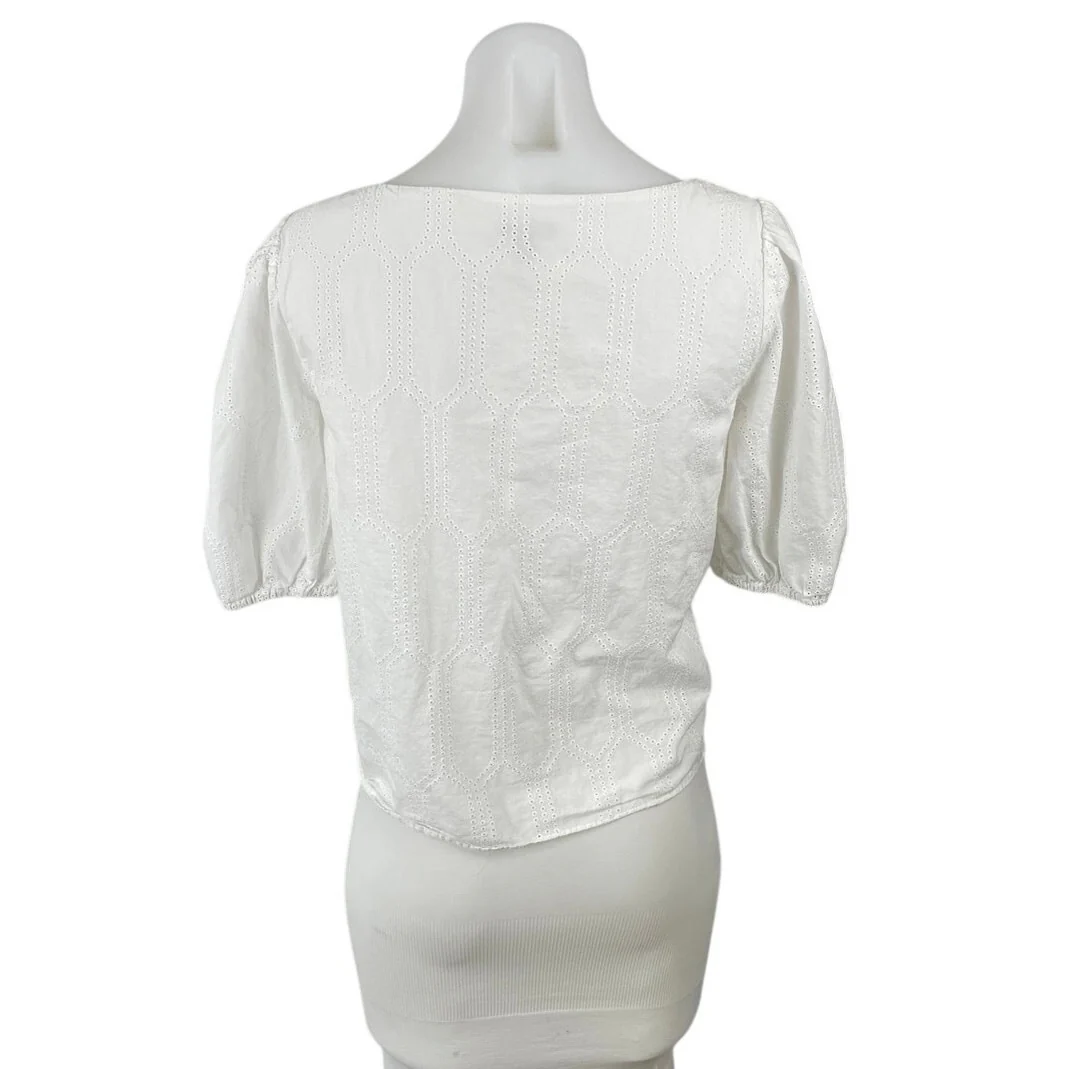 Ann Taylor Women's White Embroidered Boat Neck Short Puff Sleeve Blouse SIze L - Image 4