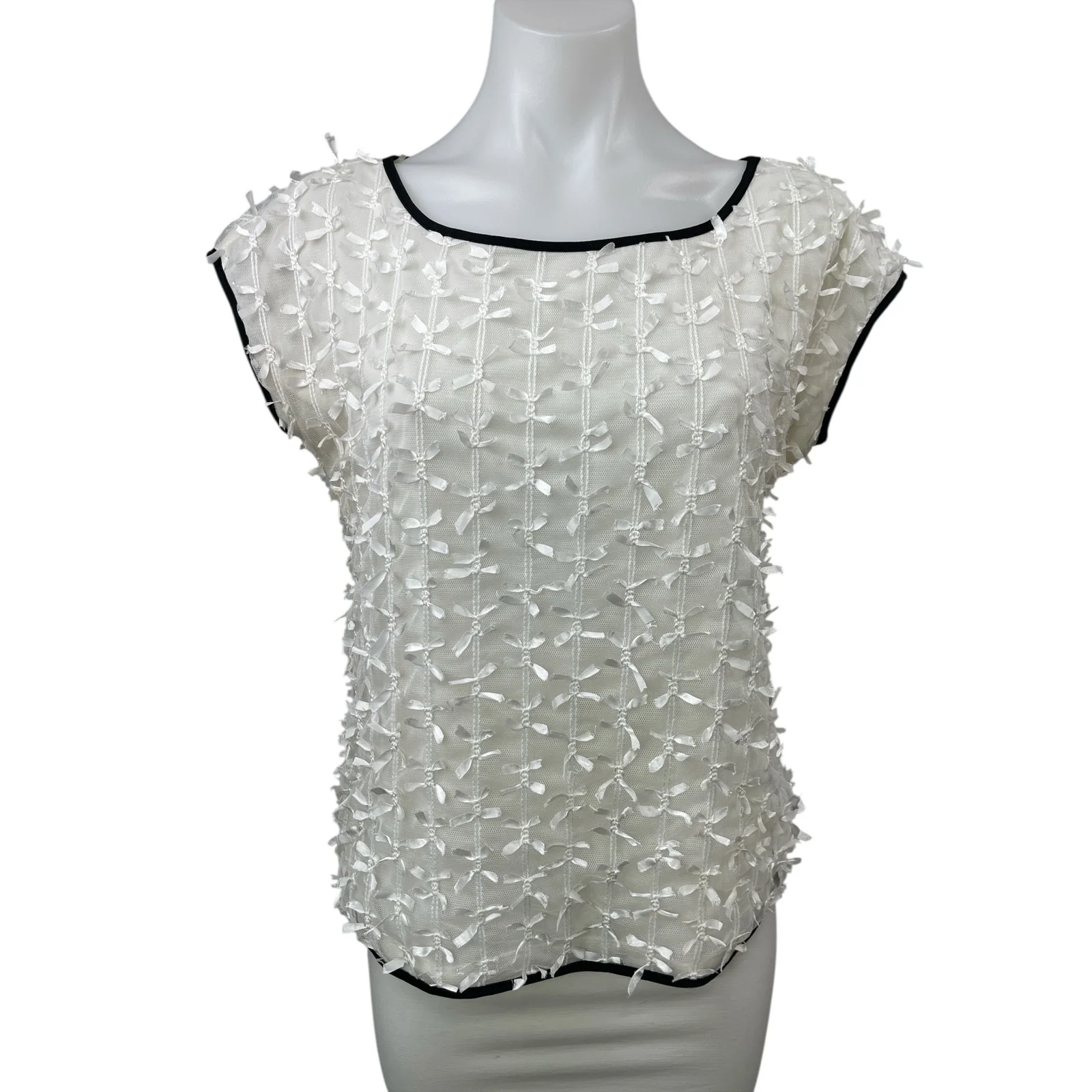 Ann Taylor Women's White Lace Bow Ribbon Short Cap Sleeve Shirt Blouse Top Sz S