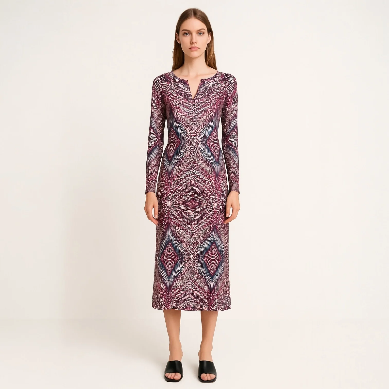 Anne Klein Multicolor Long Sleeve V Split Neck Geometric Shift Midi Dress Size 4 - Image 2