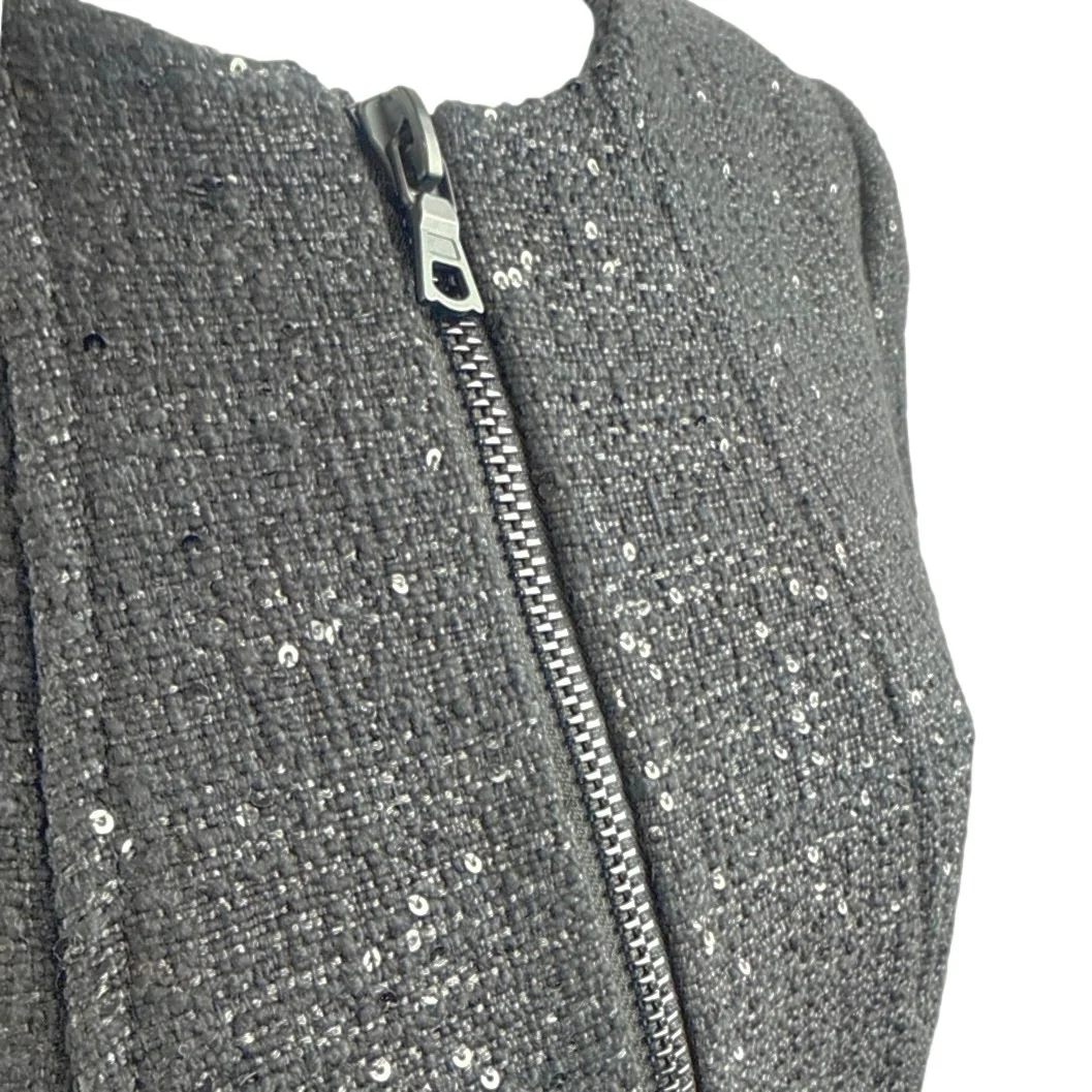 Anne Klein Womens Black Tweed Sequin Round Neck Zip Up Suit Blazer Coat Jacket 8 - Image 4
