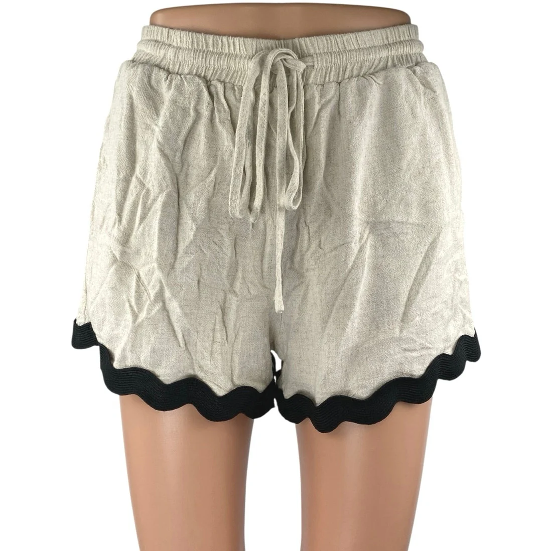Anniewear Women's Beige Black Scalloped Hem Drawstring Lounge Shorts Size S