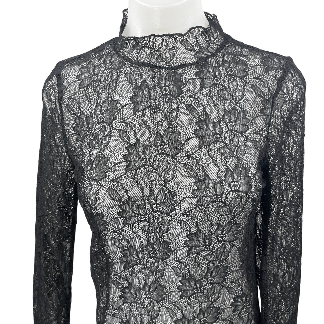 Anthropologie Black Floral Lace Long Sleeve Sheer See Trough Blouse Top Size S - Image 3