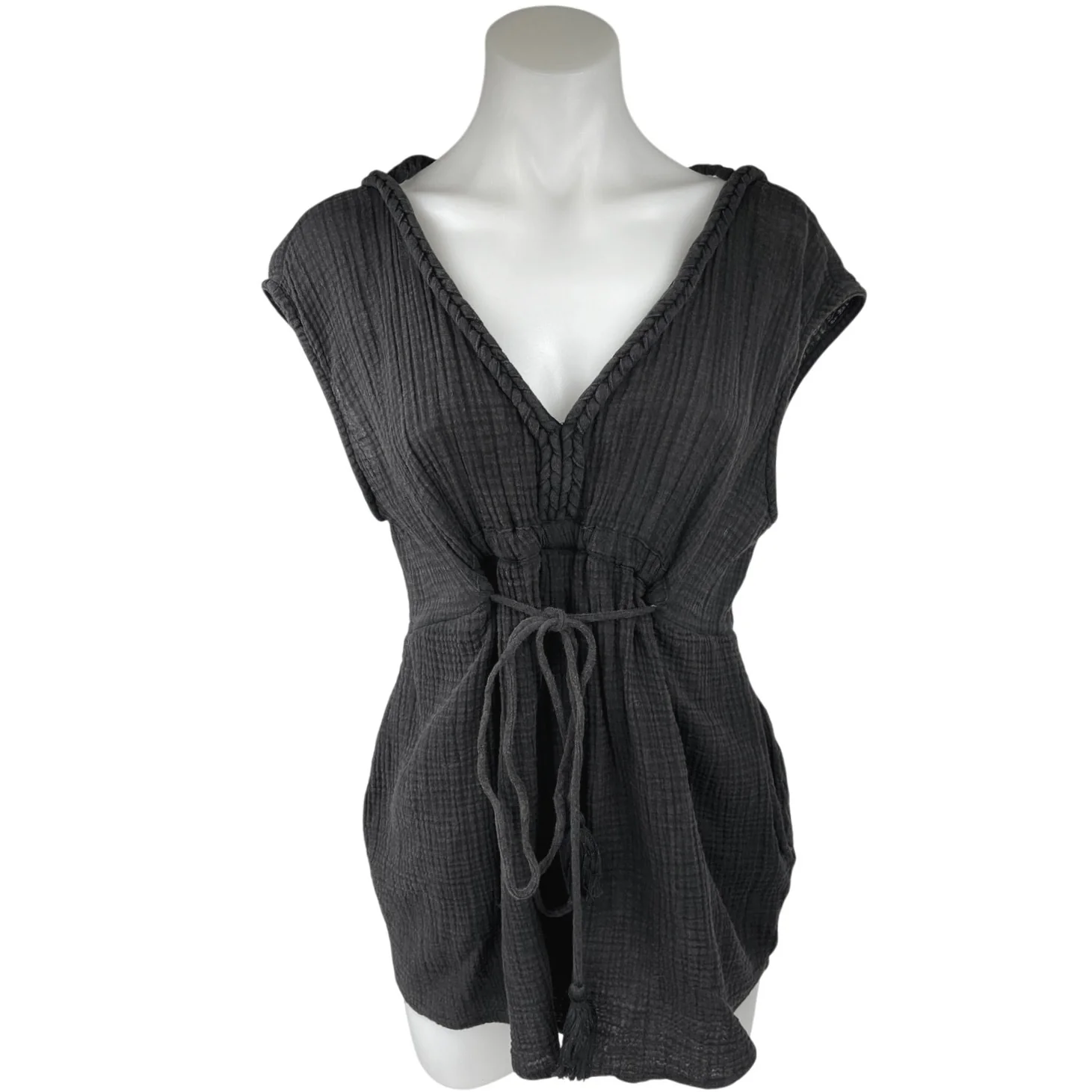 Anthropologie Black Sleeveless V-neck Drawstring Cover-up Romper Jumpsuit Sz XS