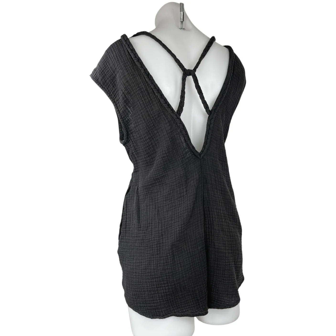 Anthropologie Black Sleeveless V-neck Drawstring Cover-up Romper Jumpsuit Sz XS - Image 2