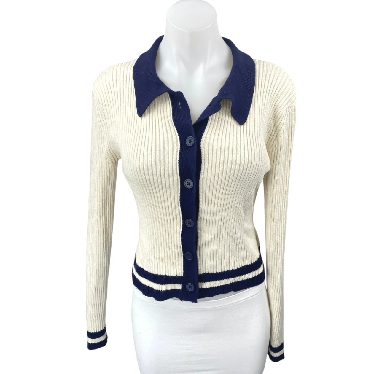 Anthropologie Cream Rib Knit Collar Button Down Long Sleeve Polo Sweater Top XS