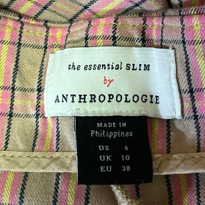 Anthropologie Essential Slim Tan Pink Plaid Checkered High Waist Trouser Pants 6 - Image 4