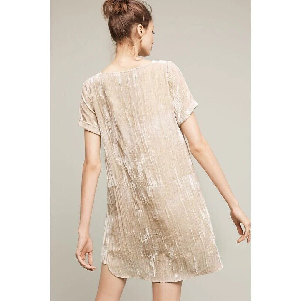 Anthropologie Floreat Beige Velvet Velour Short Sleeve Mini Shift Dress Size XS - Image 6