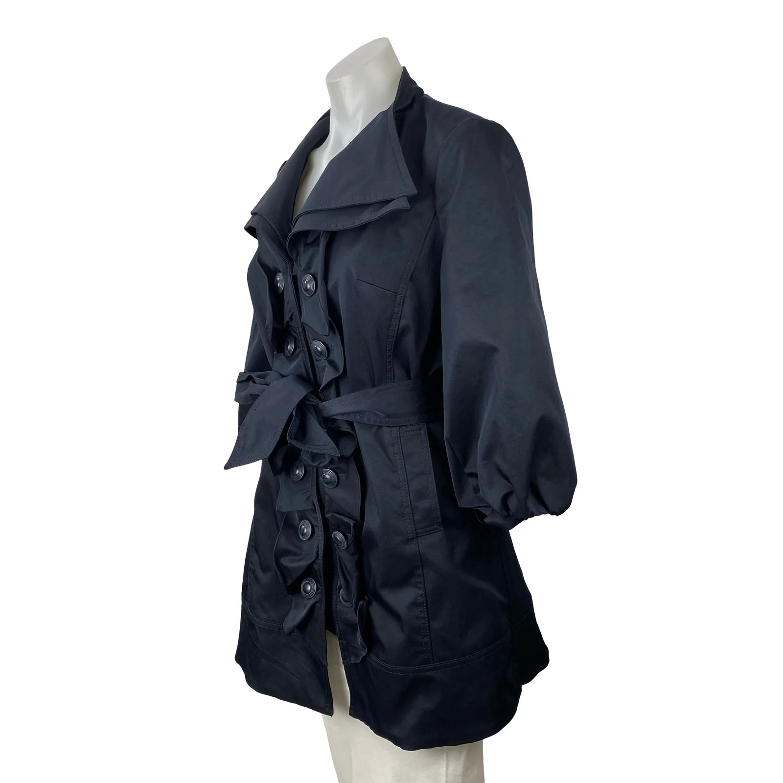 Anthropologie Idra Navy Blue Tie Double Breasted Ruffle Trench Coat Jacket Sz S - Image 2