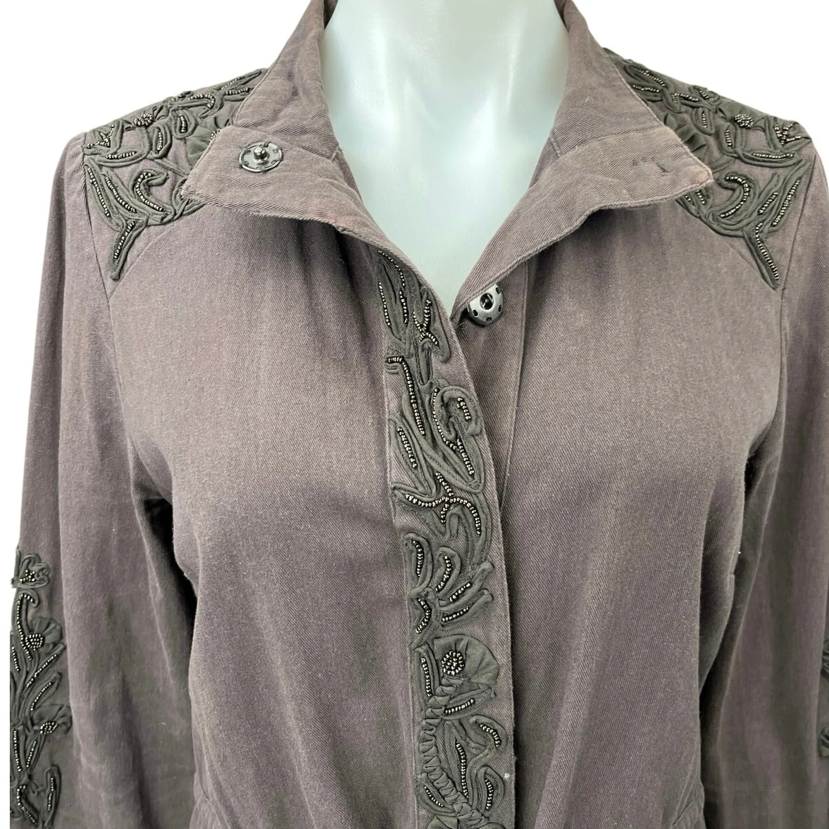 Anthropologie Love Sam Brown Beaded Travis Button Down Cargo Shirt Jacket Coat S - Image 3