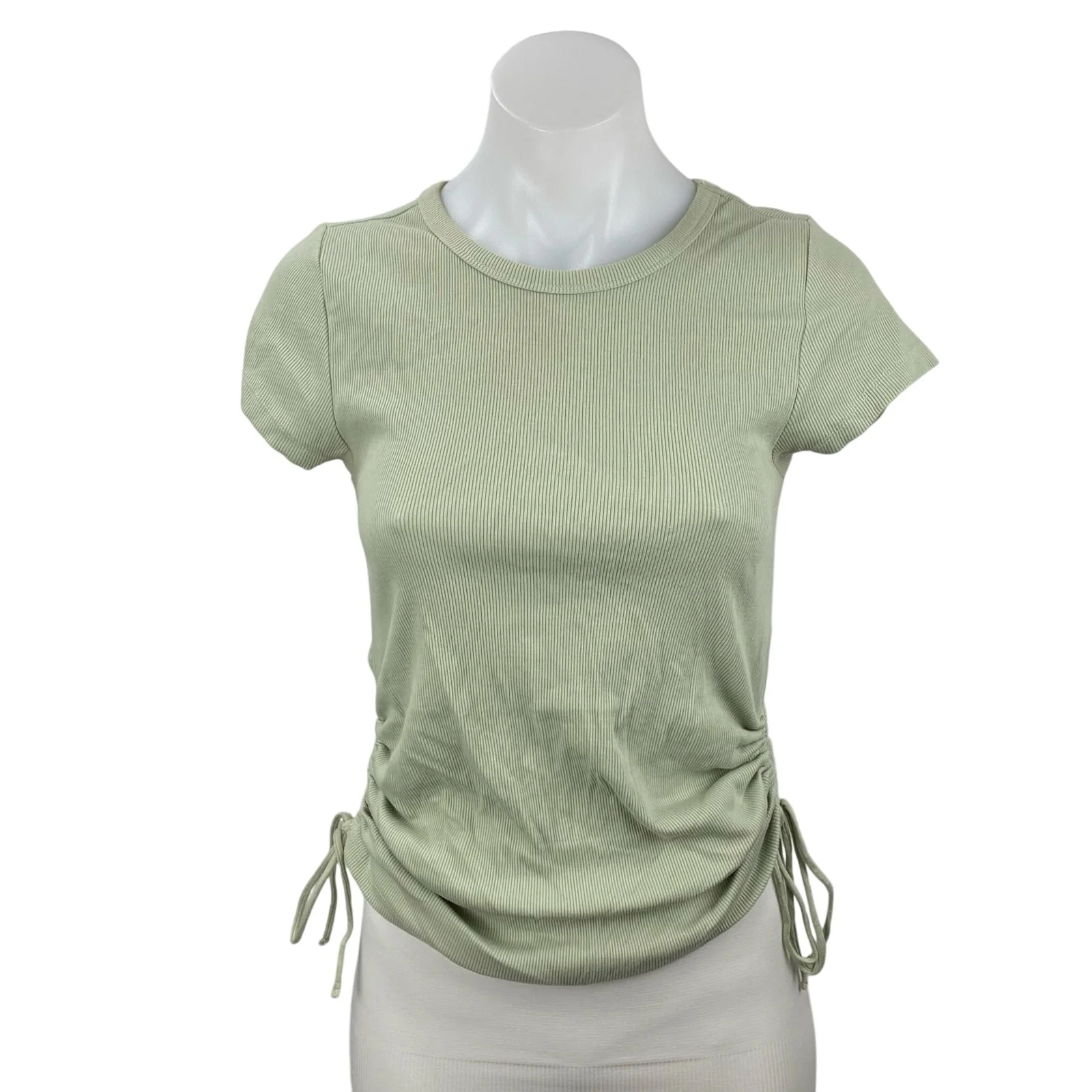 Anthropologie Maeve Green Ribbed Knit Ruched Short Sleeve T Shirt Tee Top Size S