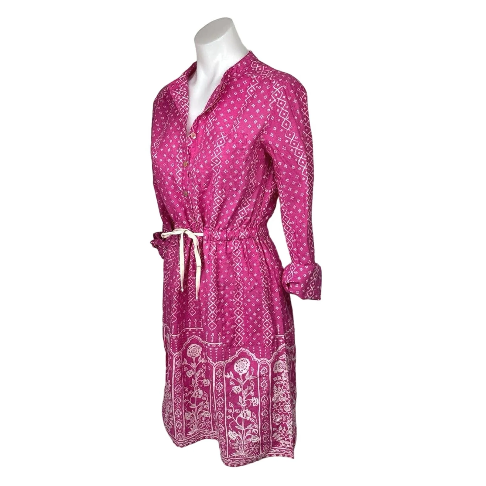 Anthropologie Meadow & Rue Pink Cotton Floral Tie Waist Button Up Shirt Dress 2 - Image 2
