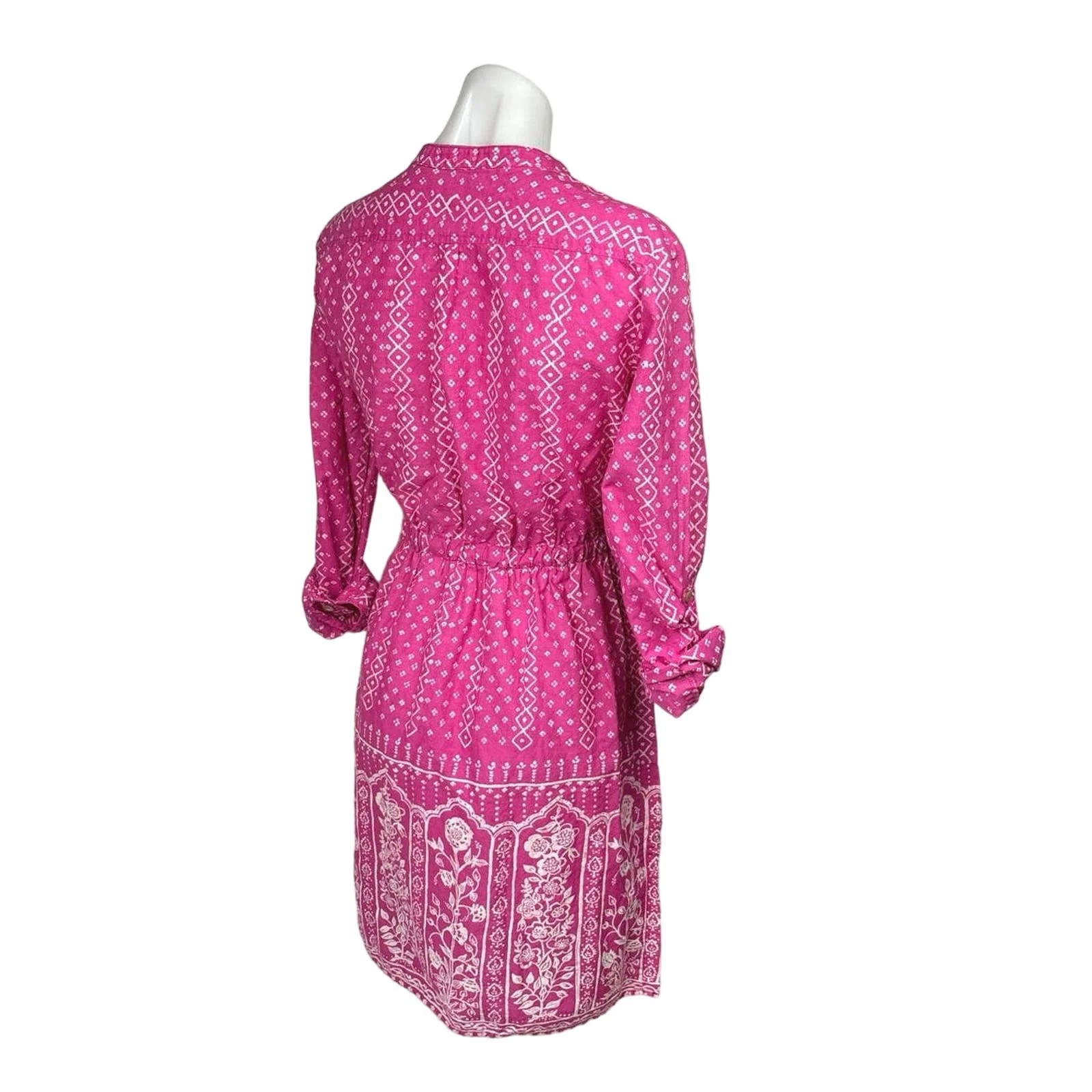 Anthropologie Meadow & Rue Pink Cotton Floral Tie Waist Button Up Shirt Dress 2 - Image 3
