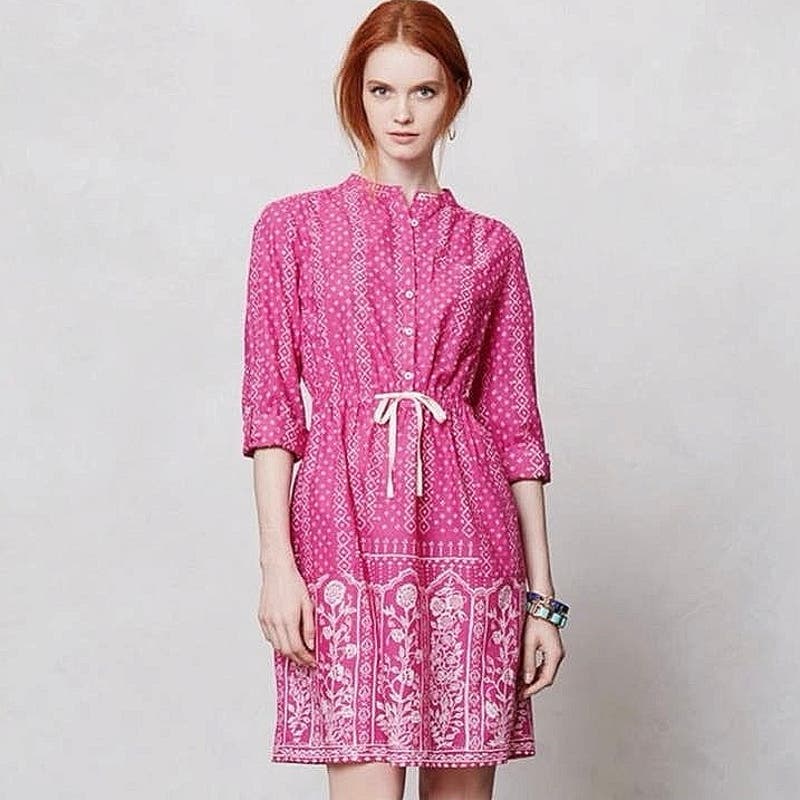 Anthropologie Meadow & Rue Pink Cotton Floral Tie Waist Button Up Shirt Dress 2 - Image 4