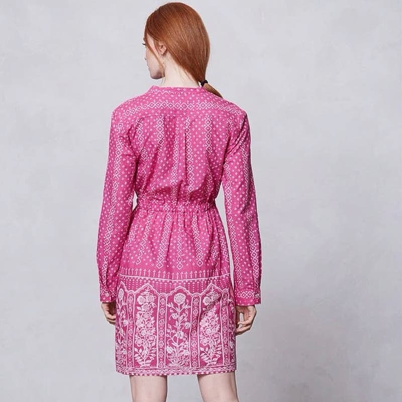 Anthropologie Meadow & Rue Pink Cotton Floral Tie Waist Button Up Shirt Dress 2 - Image 5